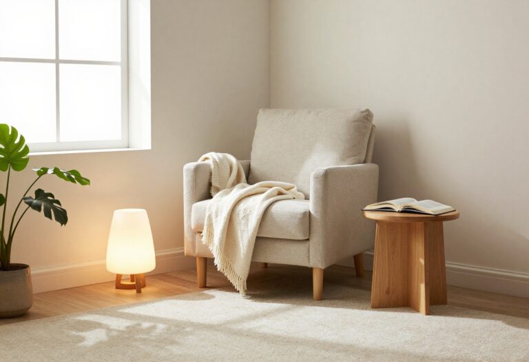 Cozy small living room corner with an armchair, floor lamp, and side table