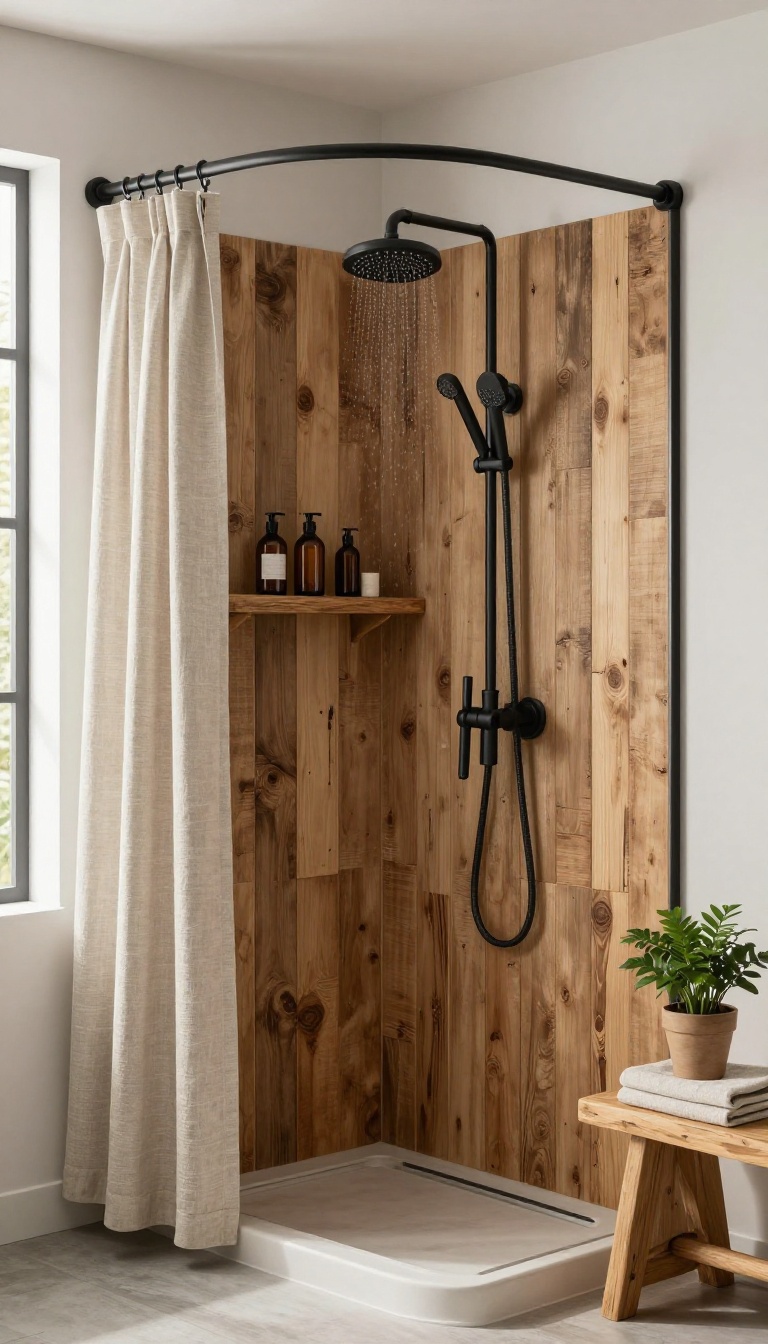 Industrial pipe and wood accents in a no-glass shower with linen curtain, reclaimed wood wall, and open shelving.