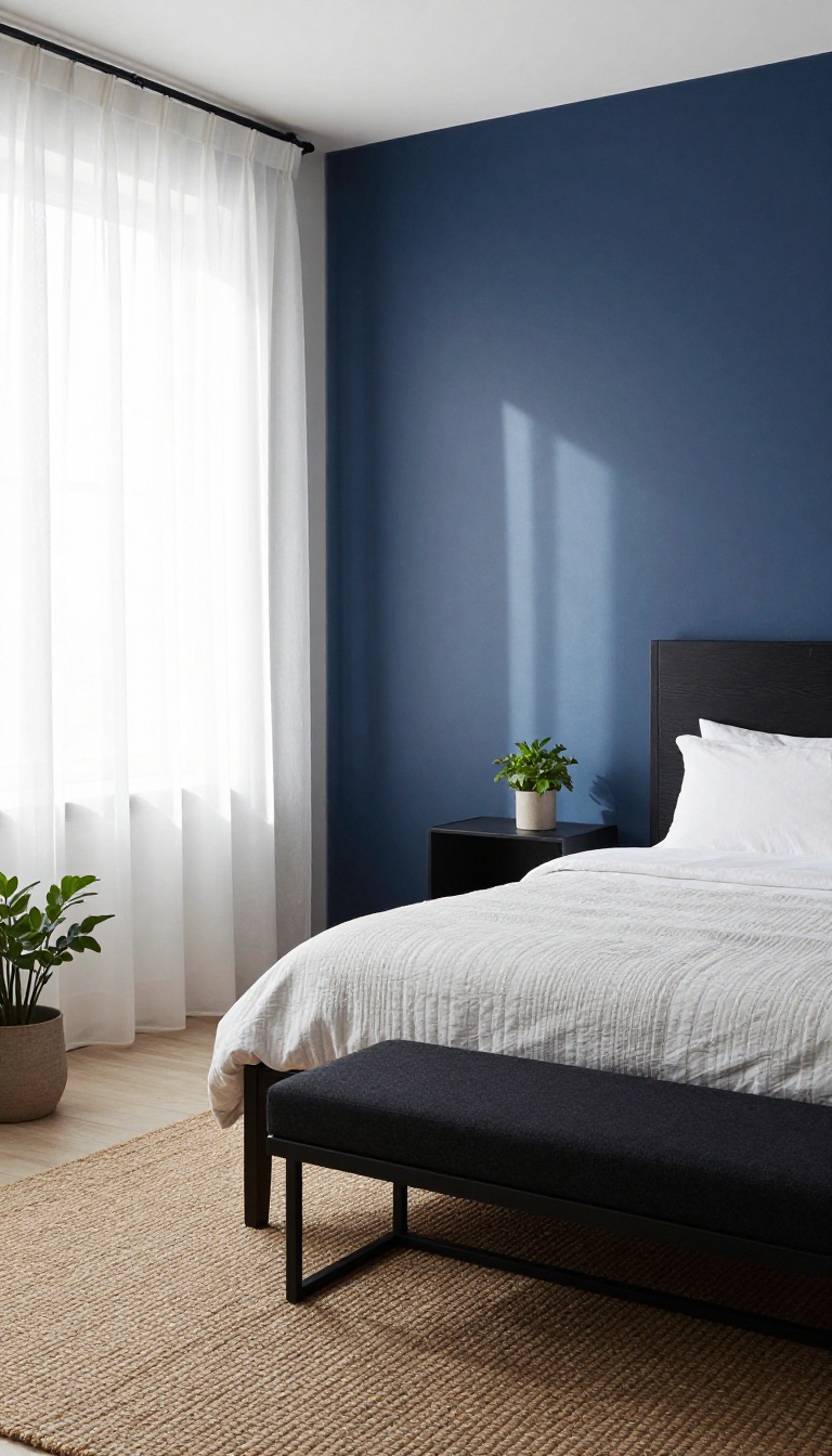 Modern bedroom with a navy blue accent wall behind the bed and black furniture including a bed frame, nightstand, and bench, lit by bright natural light.