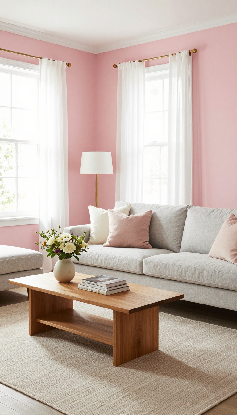 Cozy living room with soft blush pink walls, a gray sofa with blush pillows, warm wood coffee table, brass accents, and bright natural light from a large window