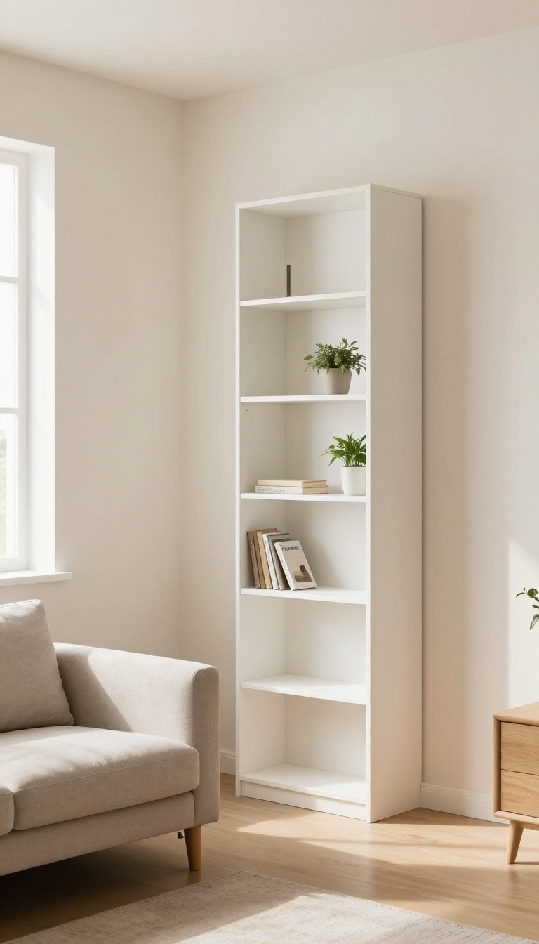 Tall, slim white open-back bookshelf reaching toward the ceiling in a bright low-ceiling living room, styled with a few small plants and a vase, creating a sense of height.