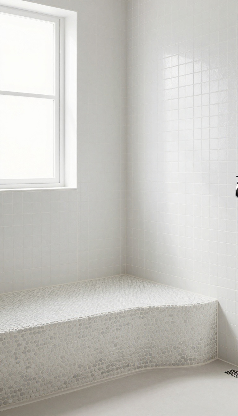 Curved tile shower bench covered in white penny round mosaic tiles inside a bright modern walk-in shower
