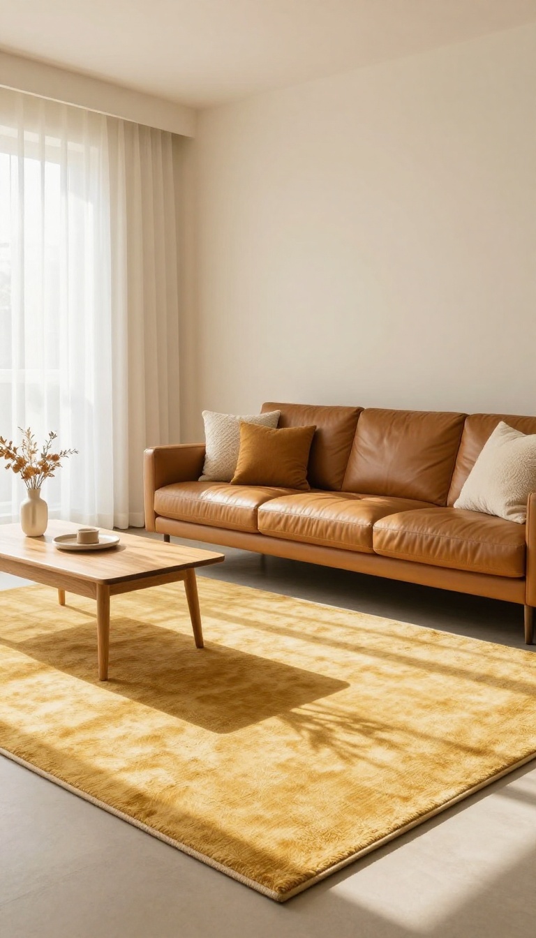 Caramel leather sofa styled on a honey yellow area rug in a bright, warm living room with neutral walls and textured pillows