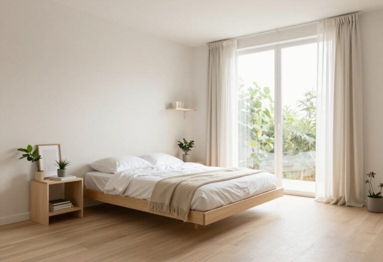 A small, bright bedroom with a floating bed, corner desk, and wall shelves that maximize every corner.