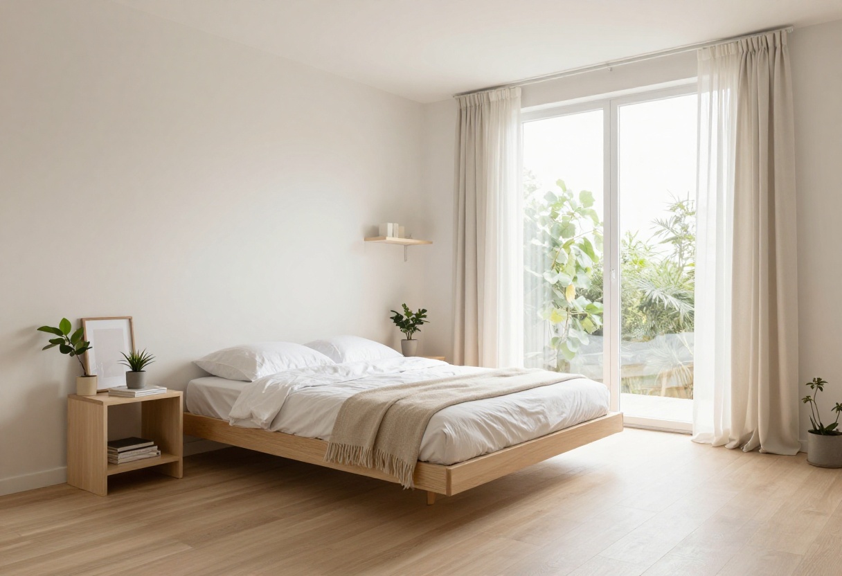 A small, bright bedroom with a floating bed, corner desk, and wall shelves that maximize every corner.