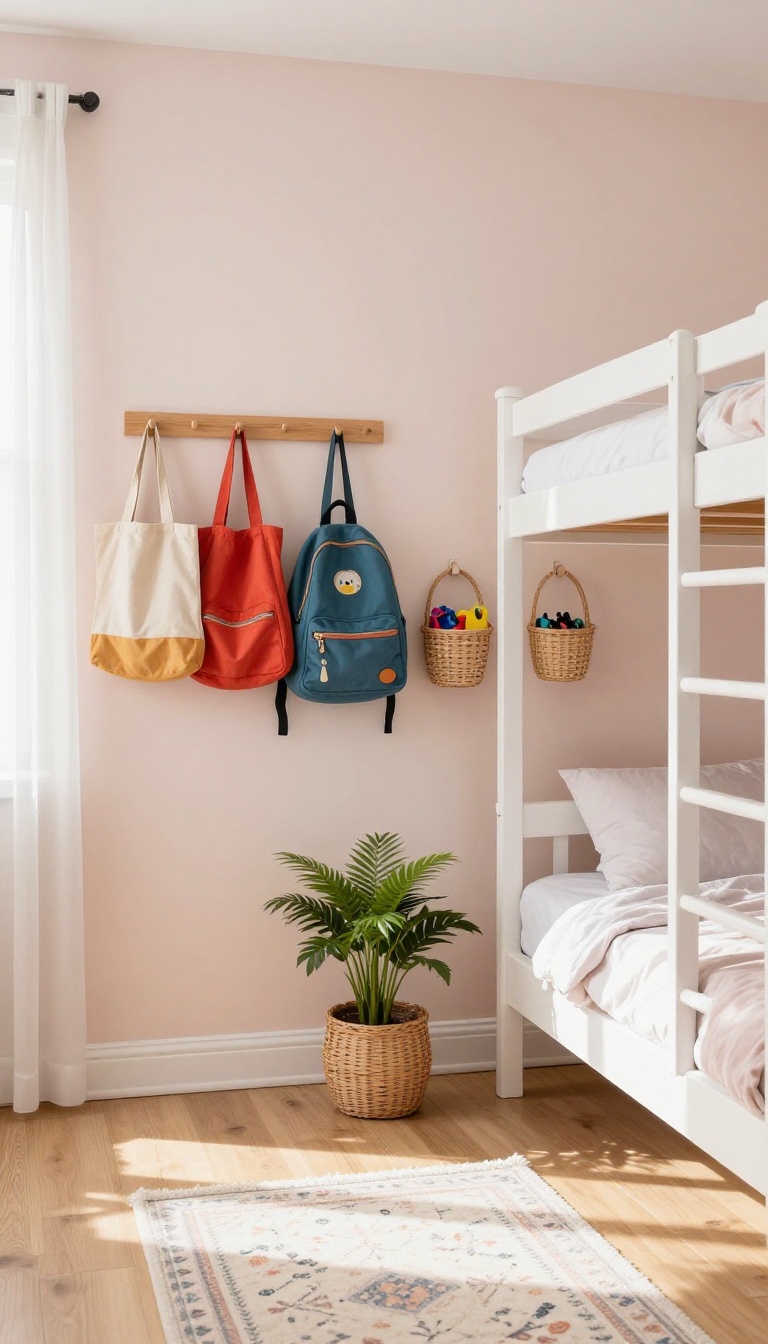 Bright shared girls bedroom with a bunkbed, clear open floor, wall-mounted hooks holding bags and robes, and woven hanging baskets for small items
