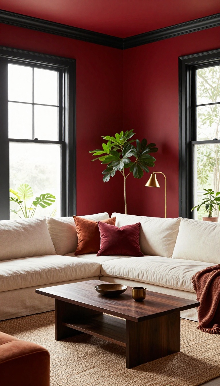 Living room with saturated red walls and dark charcoal trim framing tall bright windows, styled with a cream sofa and warm decor