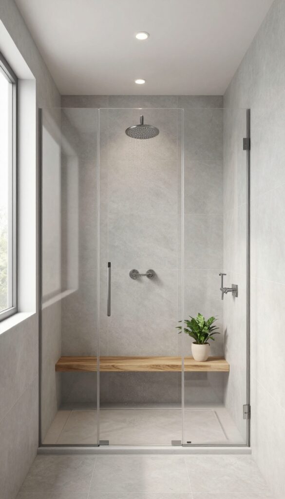 Modern walk-in shower with recessed lighting, soft even glow, gray tiles, clear glass, rainfall showerhead, wooden bench, and plant.