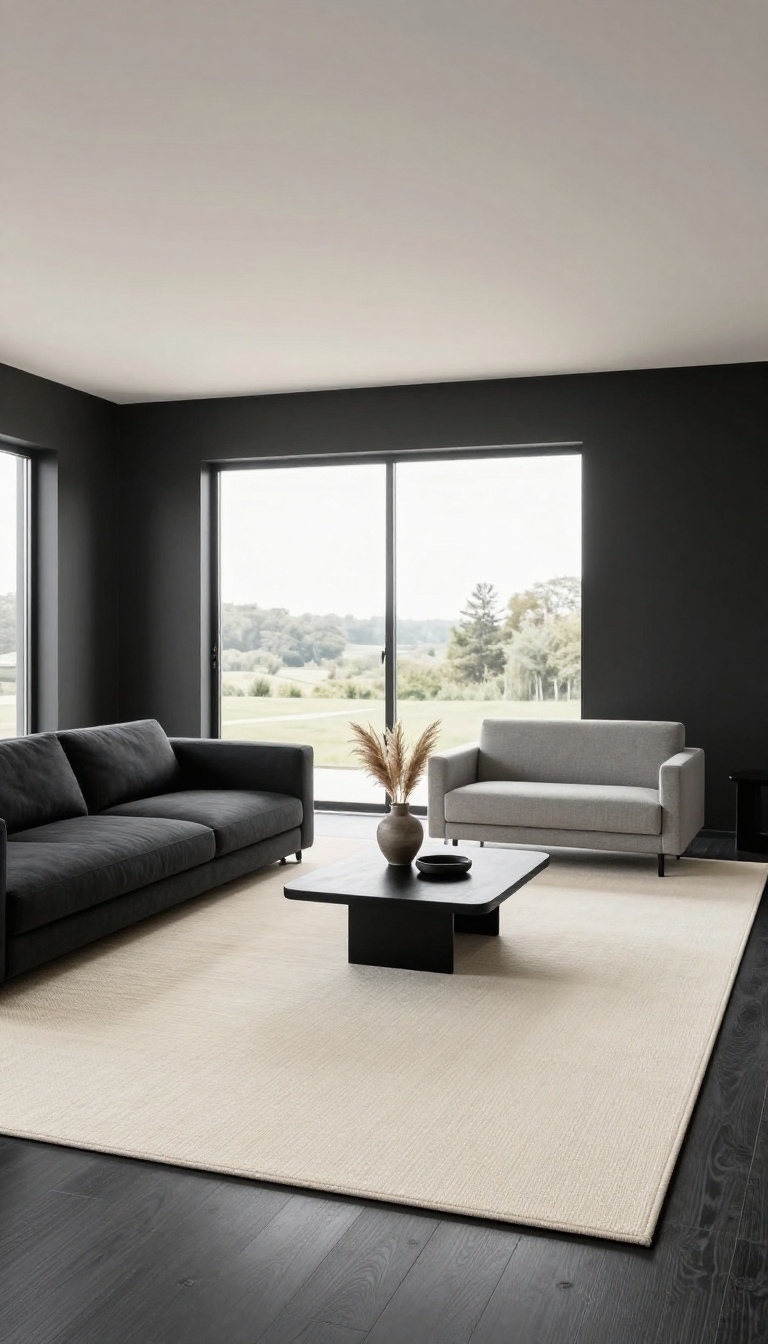Modern black living room with a large light cream flatweave area rug anchoring a dark sofa and armchairs under bright natural light