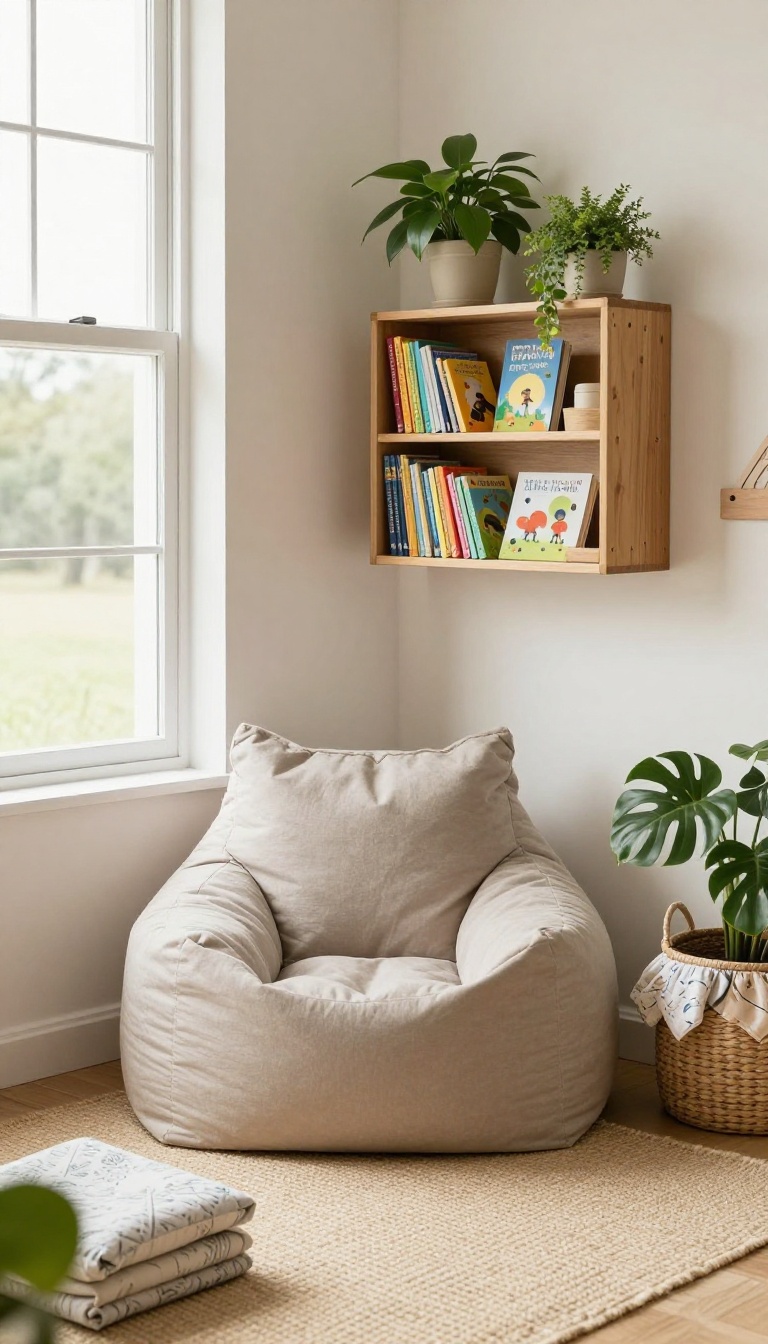 Cozy window-side reading nook in a shared kids' bedroom with a beanbag chair, floor cushion, small bookshelf, and folded guest mattress
