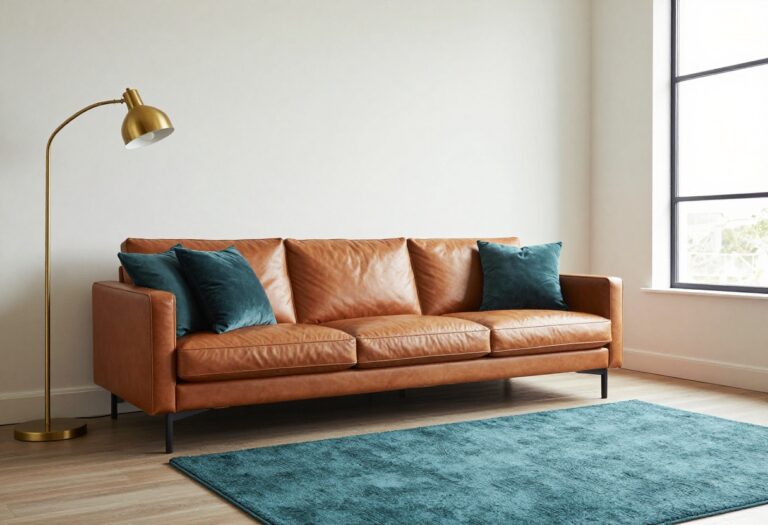 Modern living room with brown walls, caramel leather sofa, and teal accents