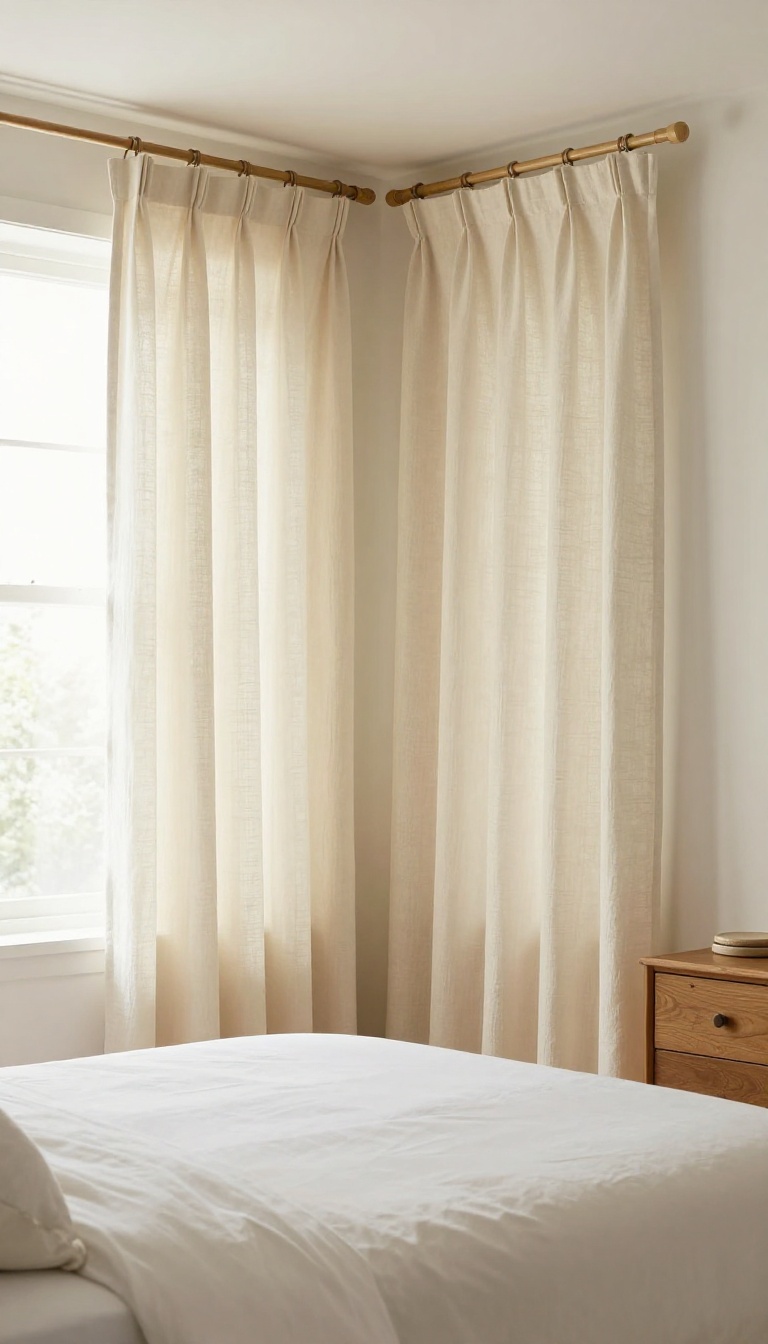 Cream linen curtains hung high and wide near the ceiling in a bright cozy classic bedroom with a neatly made bed and natural light