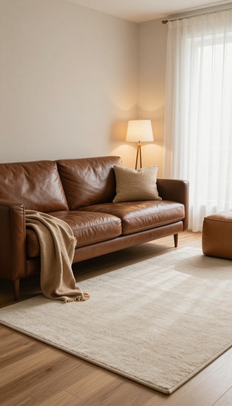 Chocolate brown leather couch styled with a cream area rug, tan throw, and camel ottoman in a bright warm-neutral living room