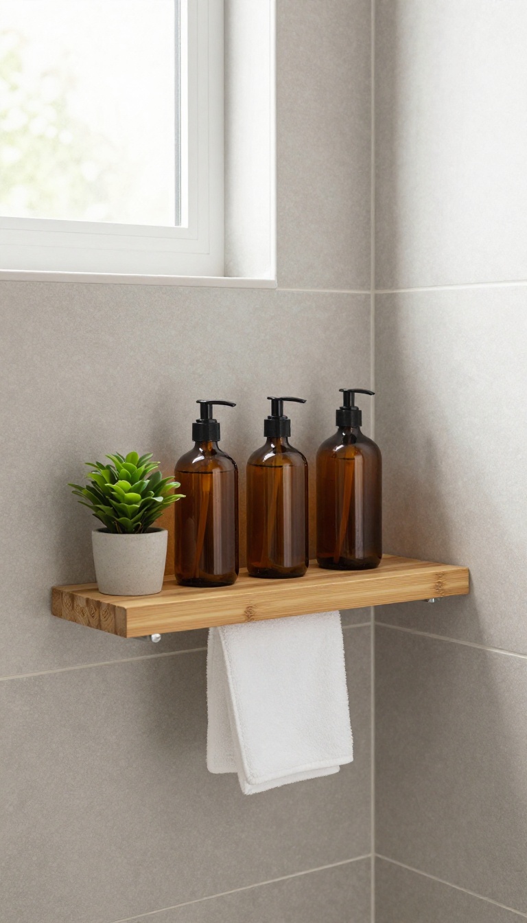 Bamboo and teak shelf in a shower with toiletries and a plant