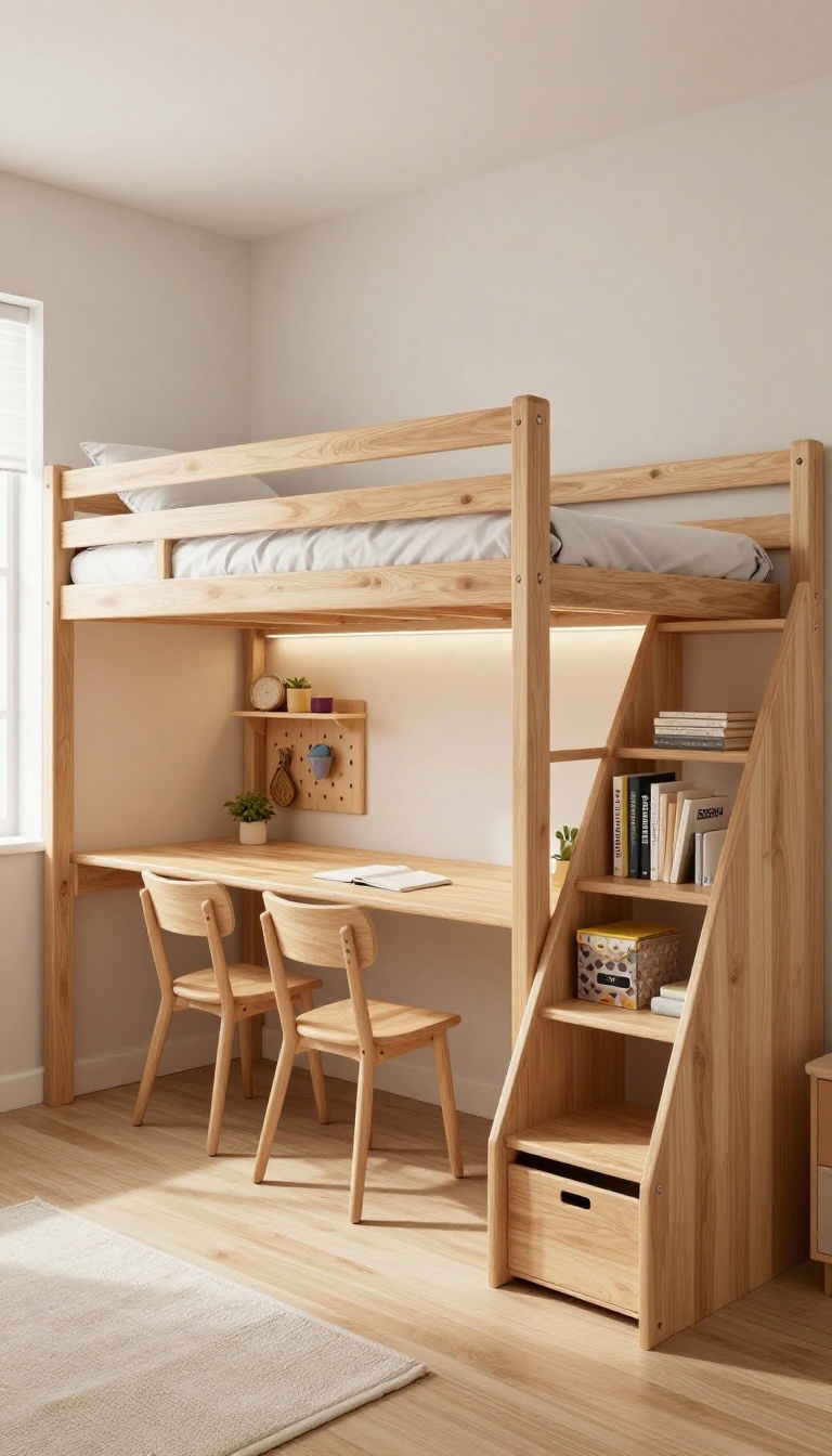 L-shaped bunk bed with a built-in desk and storage stairs in a shared kids' bedroom