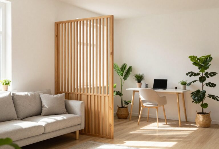 Small living room with a wooden slatted room divider separating a sofa area from a home office corner.