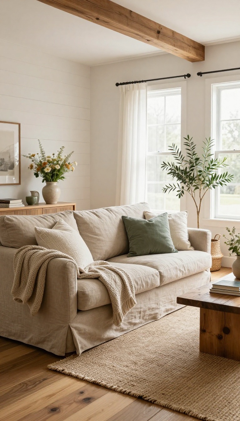 Cozy country living room with a relaxed oatmeal linen slipcovered sofa, sage and cream throw pillows, a chunky knit blanket, jute rug, and bright natural light from a large window