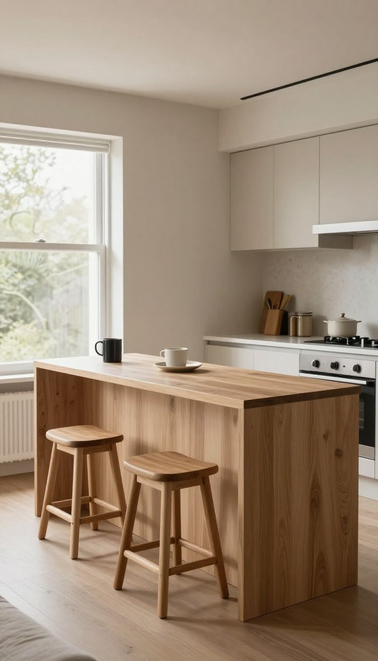 Slim breakfast bar attached to a small kitchen counter with tucked-away stools in a bright combined living room and kitchen