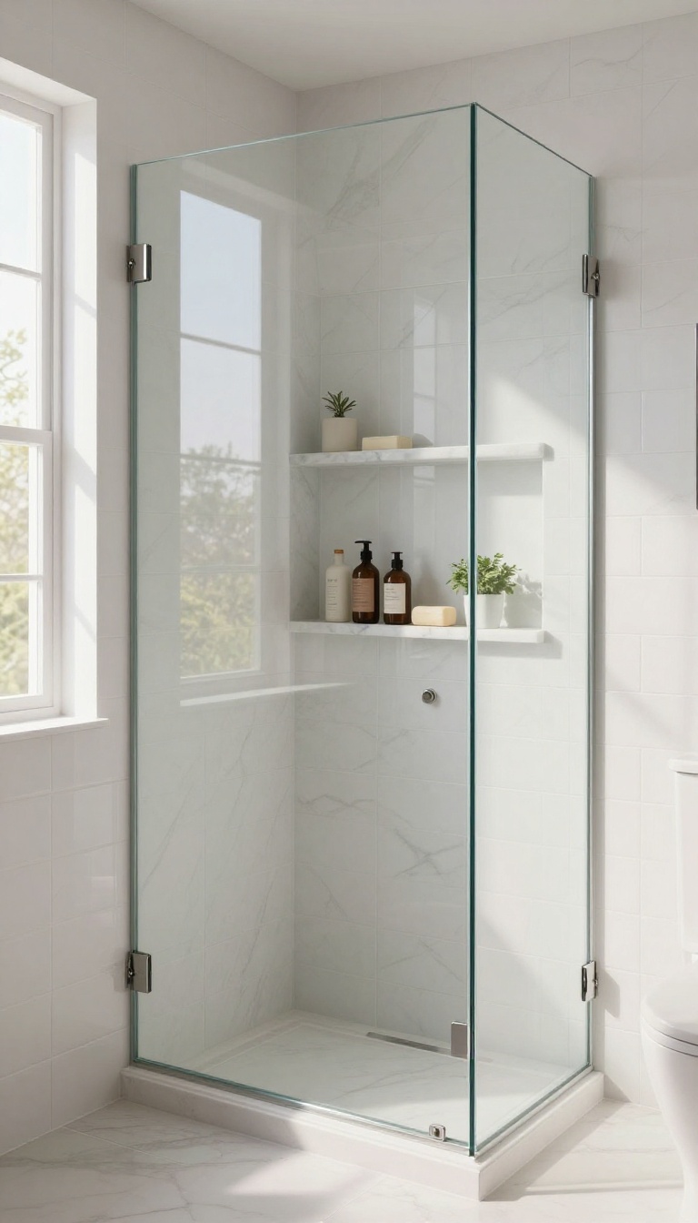 Frameless glass front shower niche with neatly arranged toiletries and marble tile behind it in a bright modern bathroom