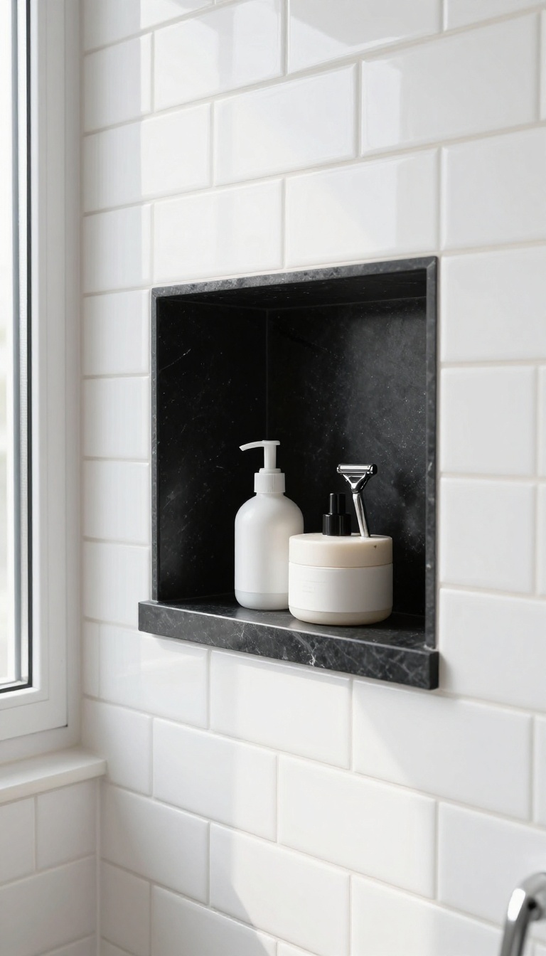 Modern shower niche lined with dark slate tile contrasting against glossy white subway tile walls in a bright bathroom