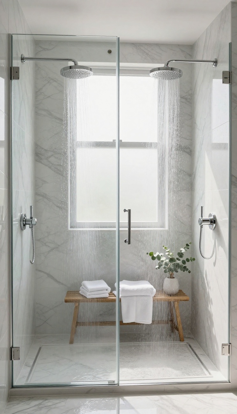 Bright modern master bathroom walk-in shower with two chrome rainfall showerheads mounted on opposite walls