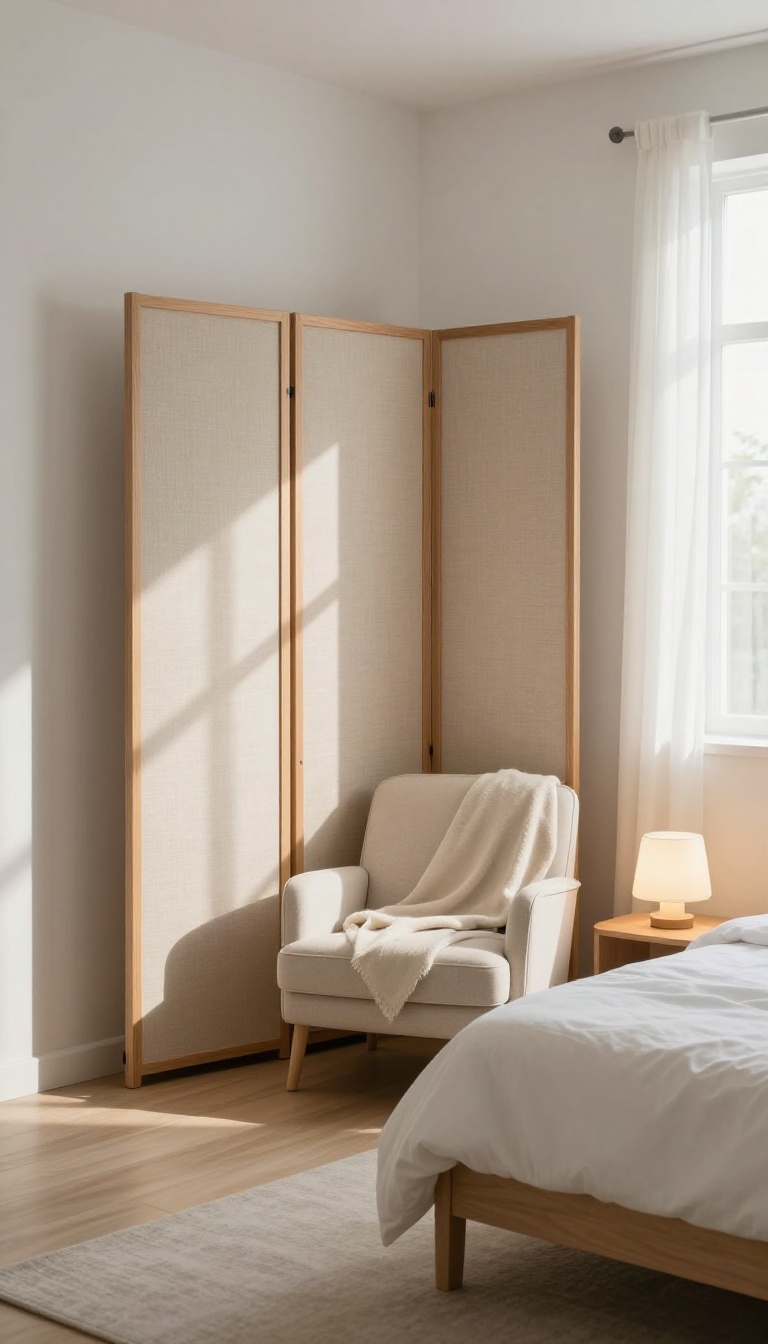 A wooden folding screen room divider set at an angle in a bright bedroom, creating a cozy private nook with a reading chair and lamp behind it.