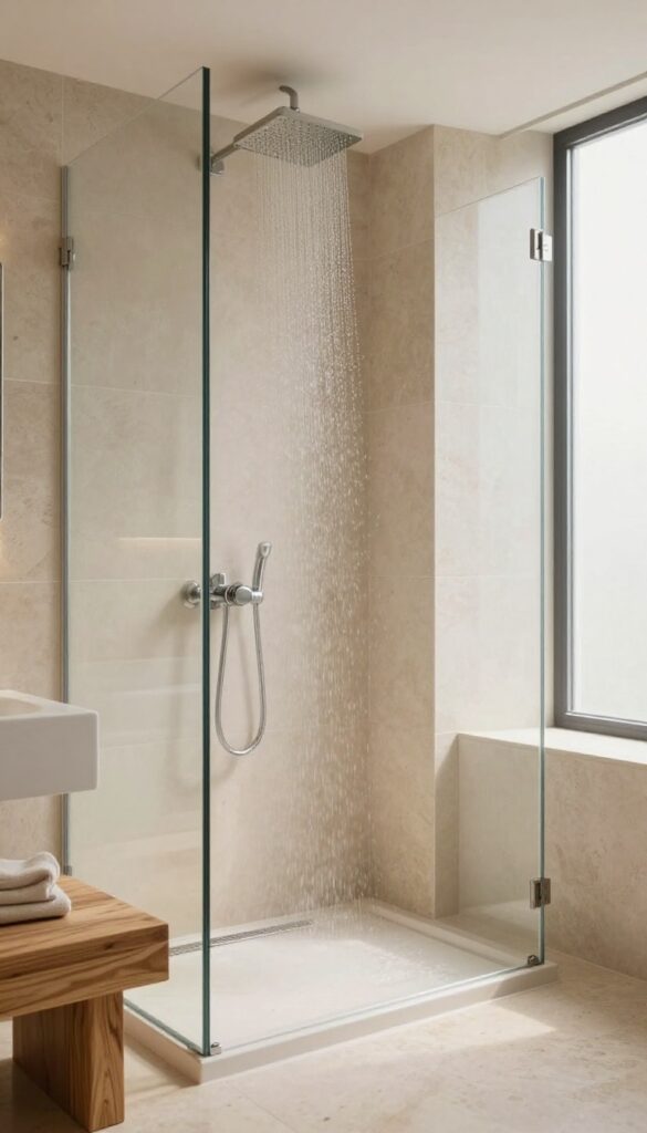 Luxurious no-door walk-in shower with a ceiling-mounted rainfall showerhead, natural light, and warm stone and wood finishes.