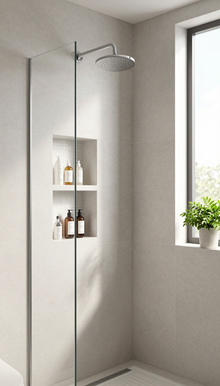 Bright modern shower with a built-in tiled niche shelf holding neatly arranged toiletries