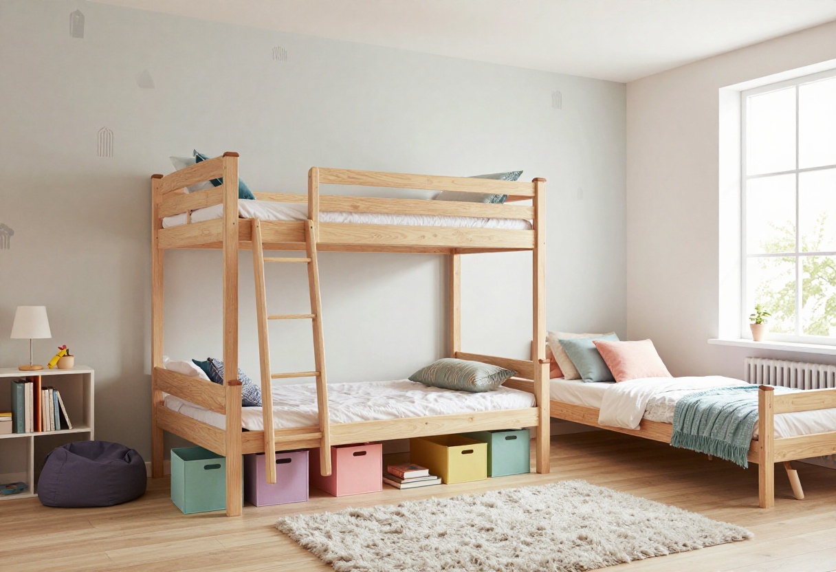 A shared kids' bedroom with three beds, colorful storage, and a reading nook, designed for three children.