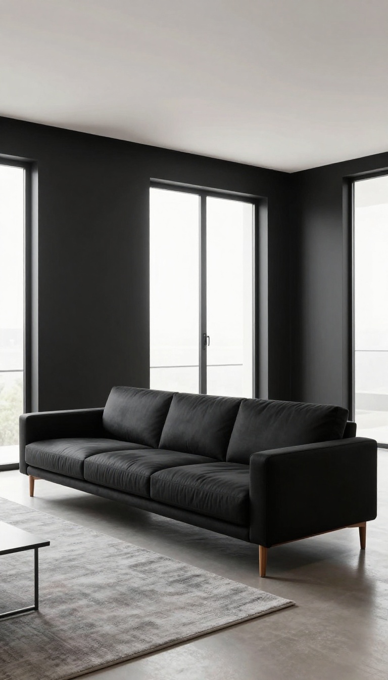 Low-profile sofa with slim wooden legs in a modern black living room with bright natural light and open sightlines