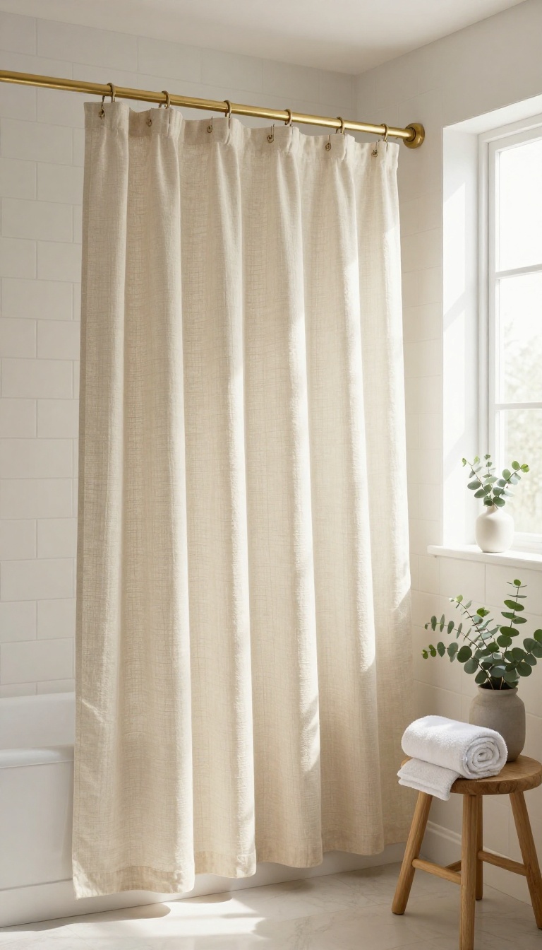 Warm bathroom with a draped natural linen shower curtain on a brass rod in soft morning light