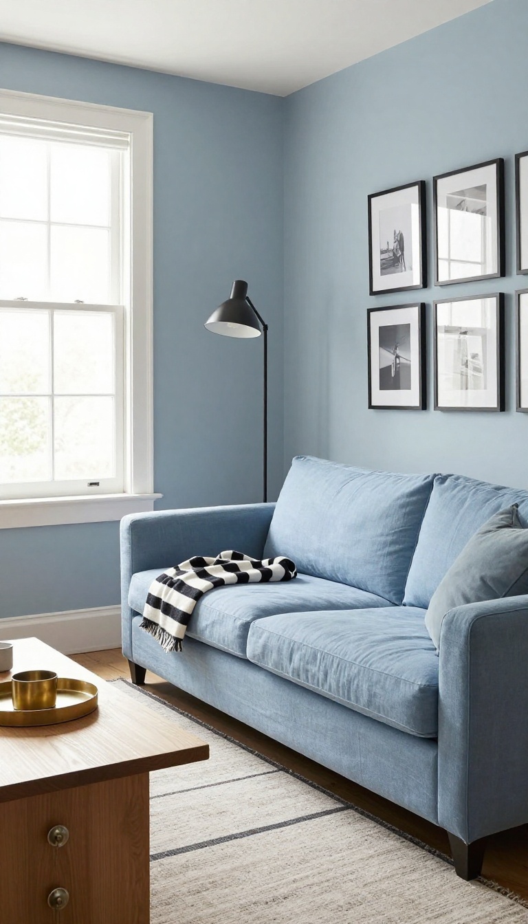 Light blue living room with brass tray, black metal floor lamp, black picture frames, and a striped throw for contrast