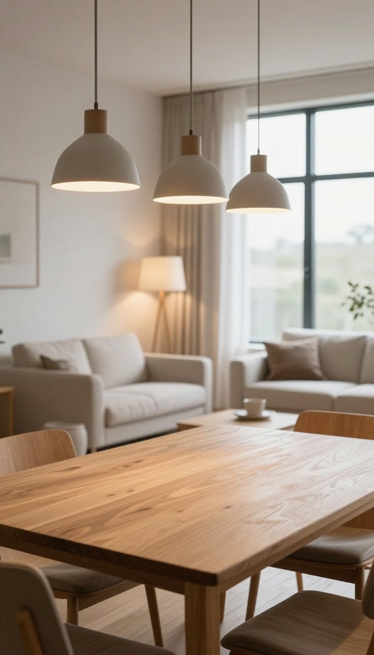 Open concept living and dining room with layered lighting, pendant lights over a dining table and a floor lamp beside a sofa