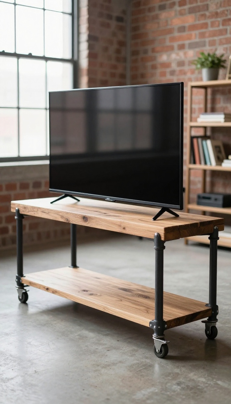 Industrial pipe and wood TV stand with caster wheels in a loft living room with exposed brick and bright natural light