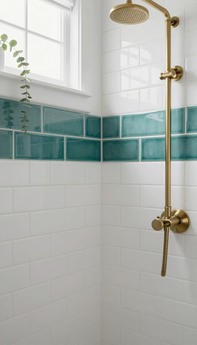 White subway tile shower wall with a bold teal horizontal border band and brass fixtures in bright natural light