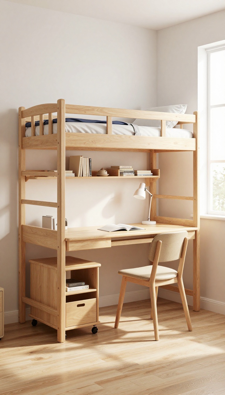 Classic wooden loft bed with a built-in desk, chair, shelves, and lamp in a bright boys' bedroom