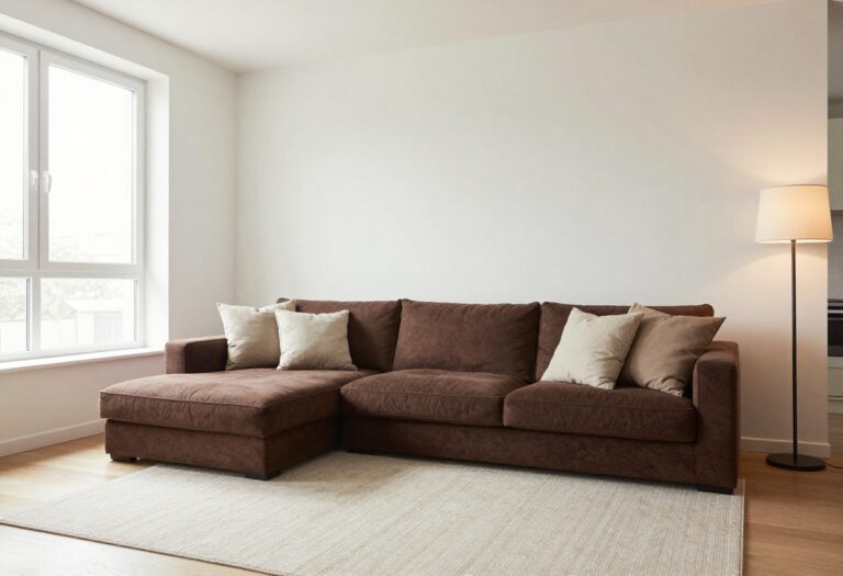 Chocolate brown couch in a warm living room with neutral decor and soft lighting.