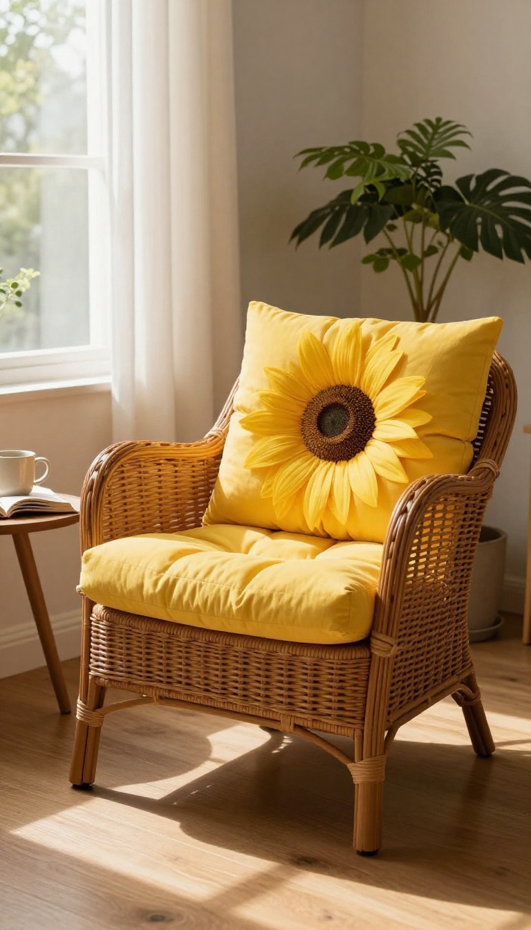 Brown wicker armchair with bright yellow cushions styled in a sunlit living room corner