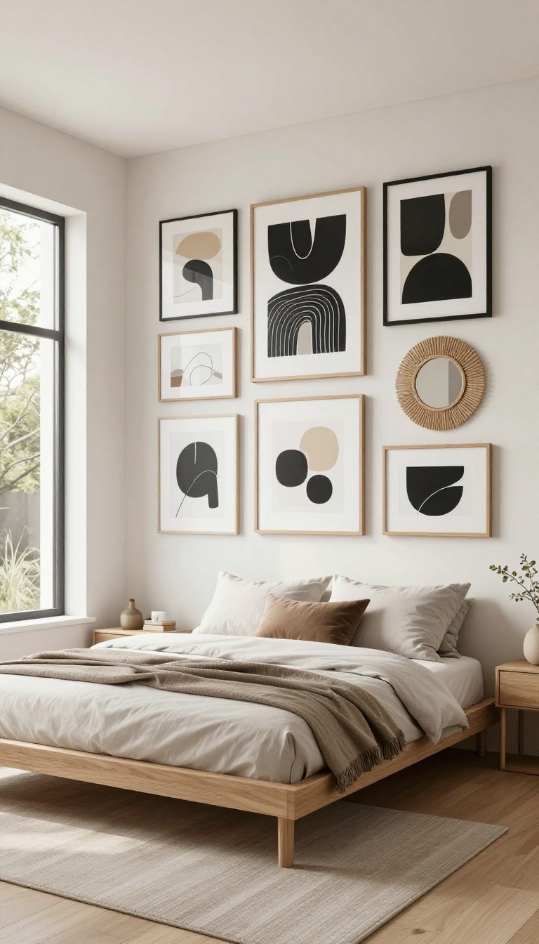 Modern mansion bedroom with a curated gallery wall of mixed frames, prints, and a small mirror above a low platform bed