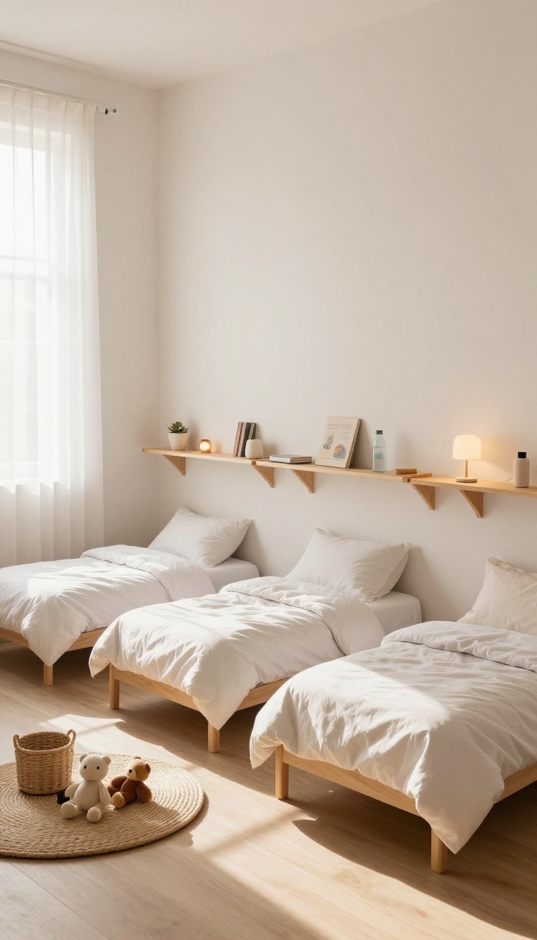 Bright shared kids bedroom with three beds and narrow floating wall shelves beside each pillow instead of nightstands