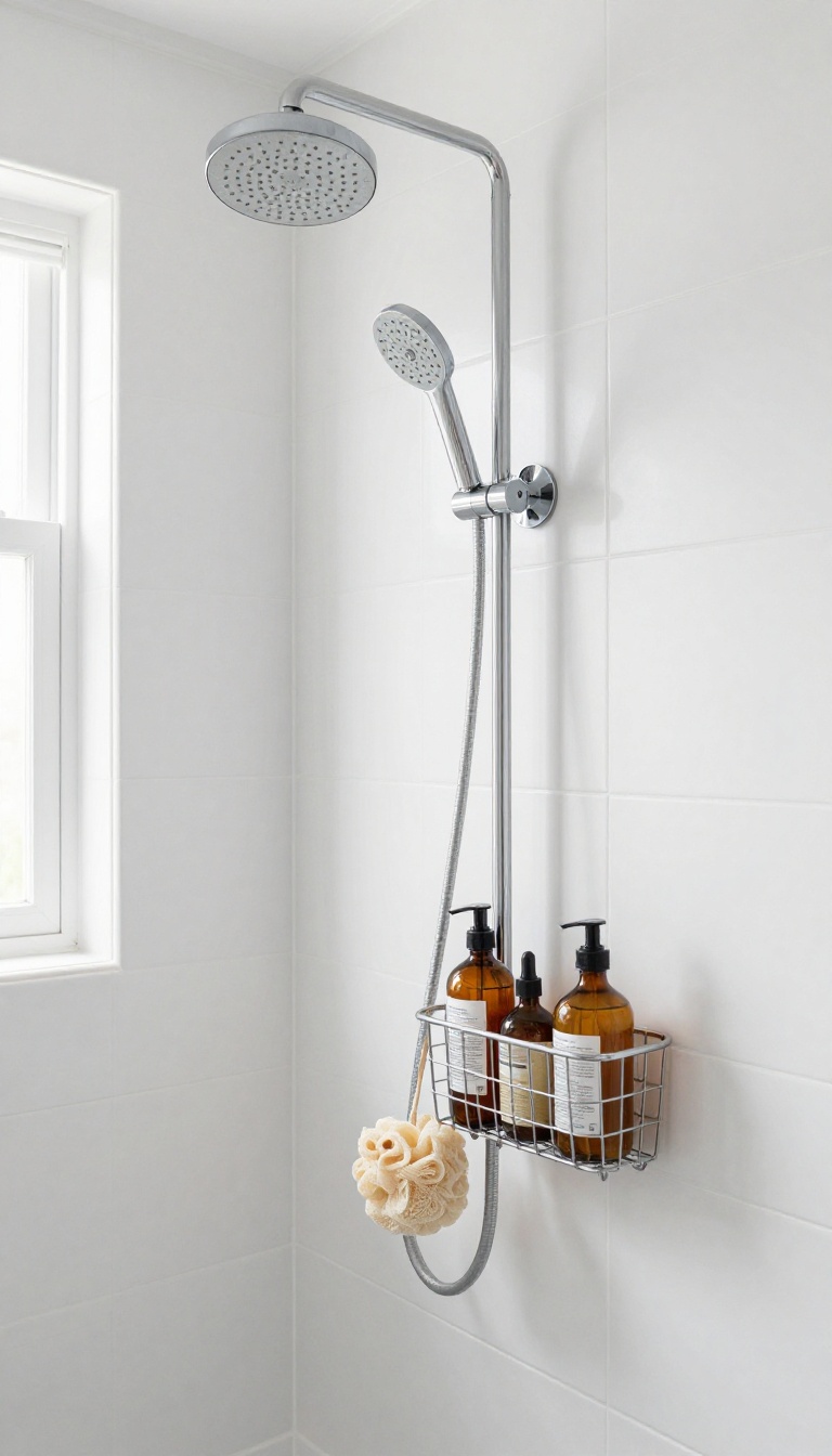 Stainless steel tension rod installed in a tiled shower holding a loofah, mesh sponge, and small caddy with travel bottles in bright natural light.