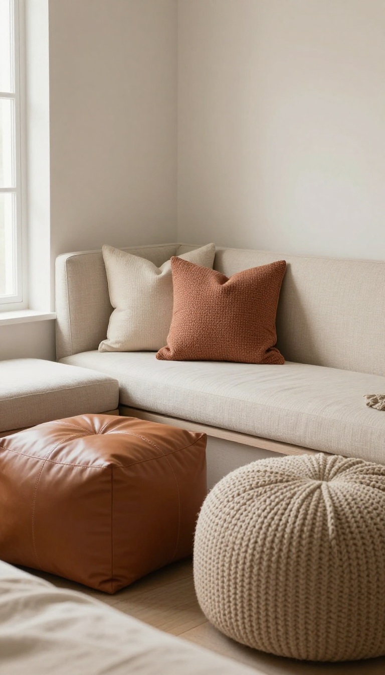 Cozy bedroom seating corner with an upholstered bench and two mismatched poufs in warm neutral tones