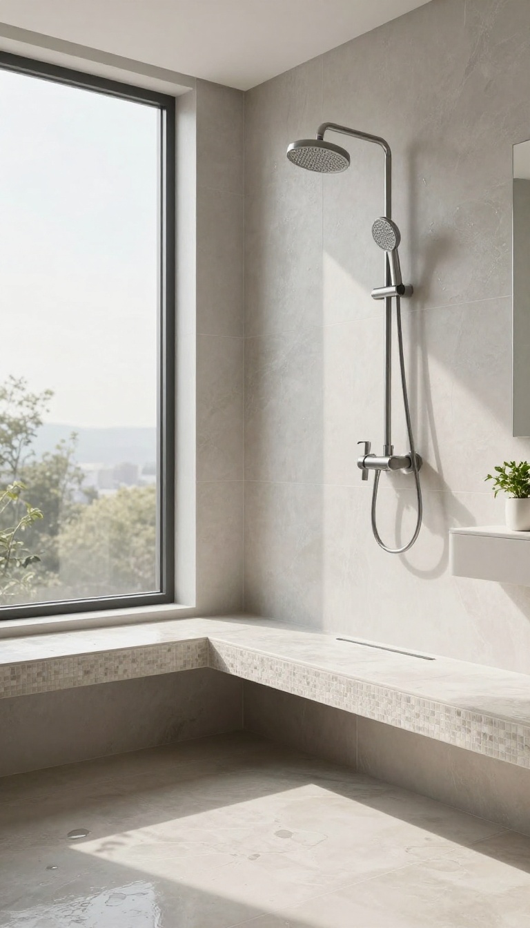 Floating tiled shower bench wrapped in the same wall tile as a modern walk-in master bathroom shower