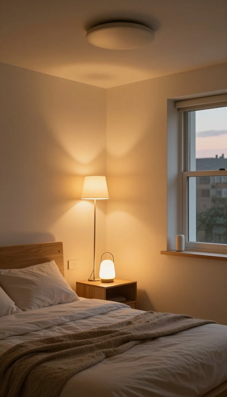 Small spare bedroom with layered lighting including a dimmable ceiling light, plug-in wall sconce, and slim corner floor lamp creating warm ambient glow