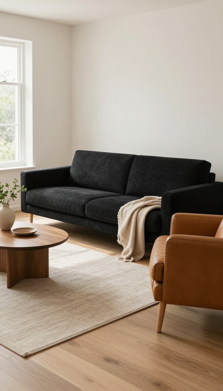 Bright living room with a black couch paired with an angled caramel leather armchair for a layered, conversational seating layout