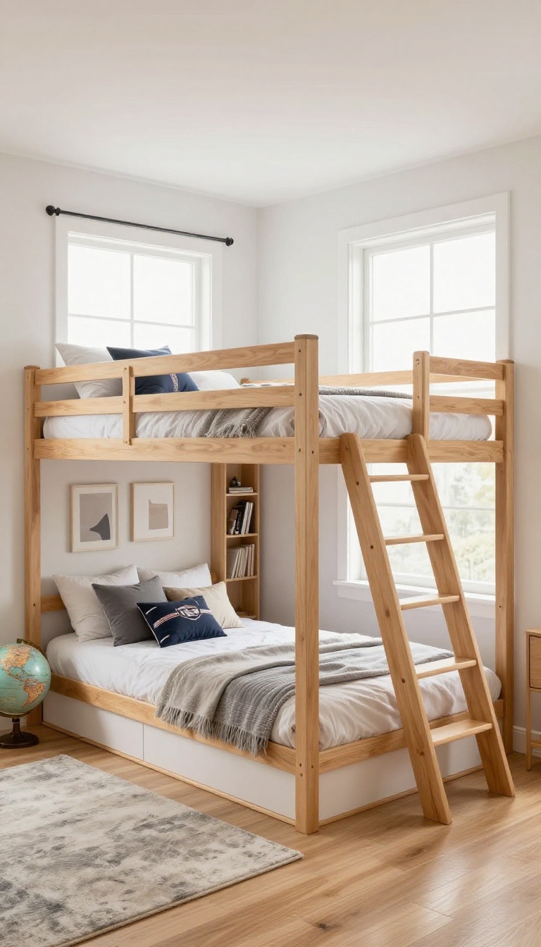 Bright boys' loft bedroom with a twin-over-full bunk bed and a raised loft reading nook, wooden ladder, and natural light