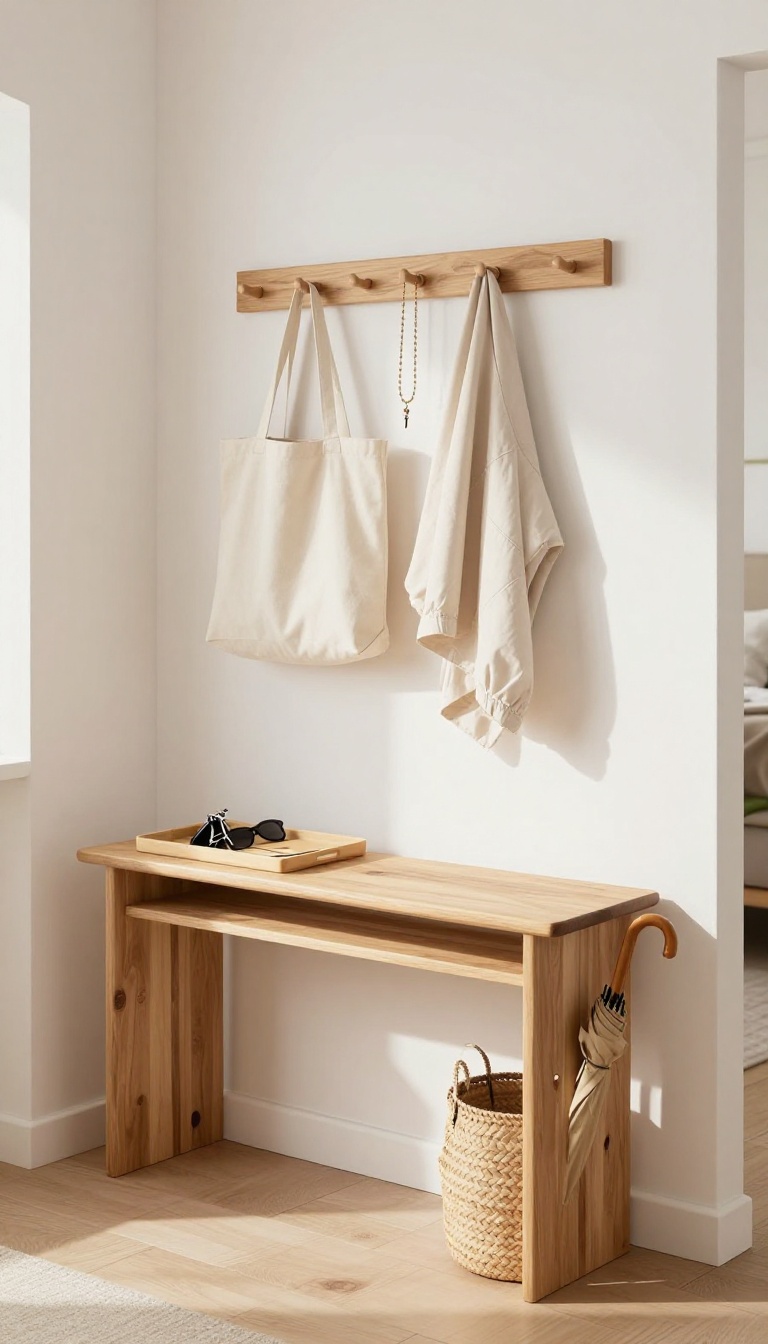 Bright entryway console table with a catch-all tray holding keys and mail, wall hooks with a tote bag and jacket, and a basket with an umbrella beside it