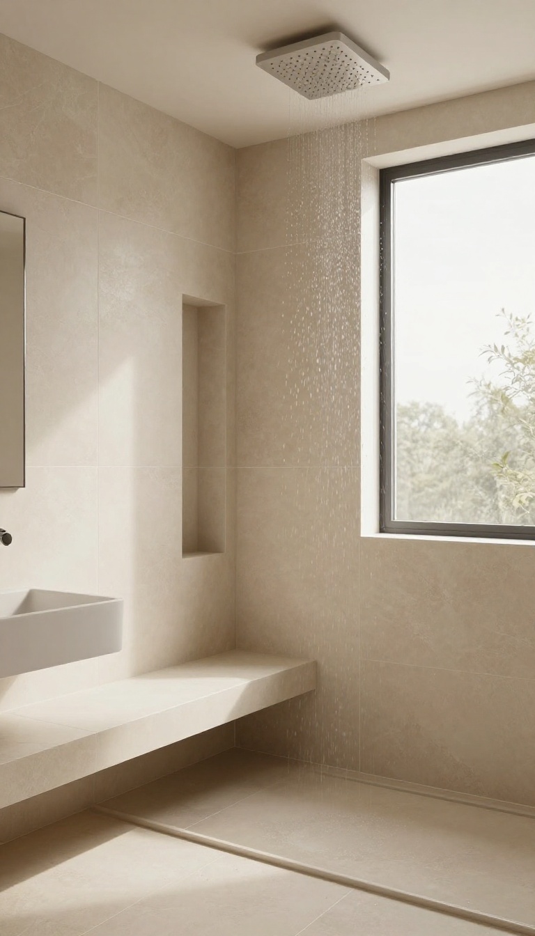 Open walk-in shower with recessed niche and built-in bench, no glass, in a bright modern bathroom.