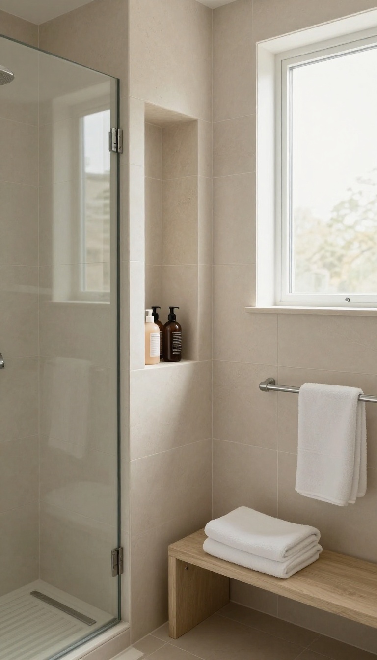 Modern walk-in shower with a tiled half wall featuring a recessed niche for toiletries and a towel bar on the dry side, bright natural light.