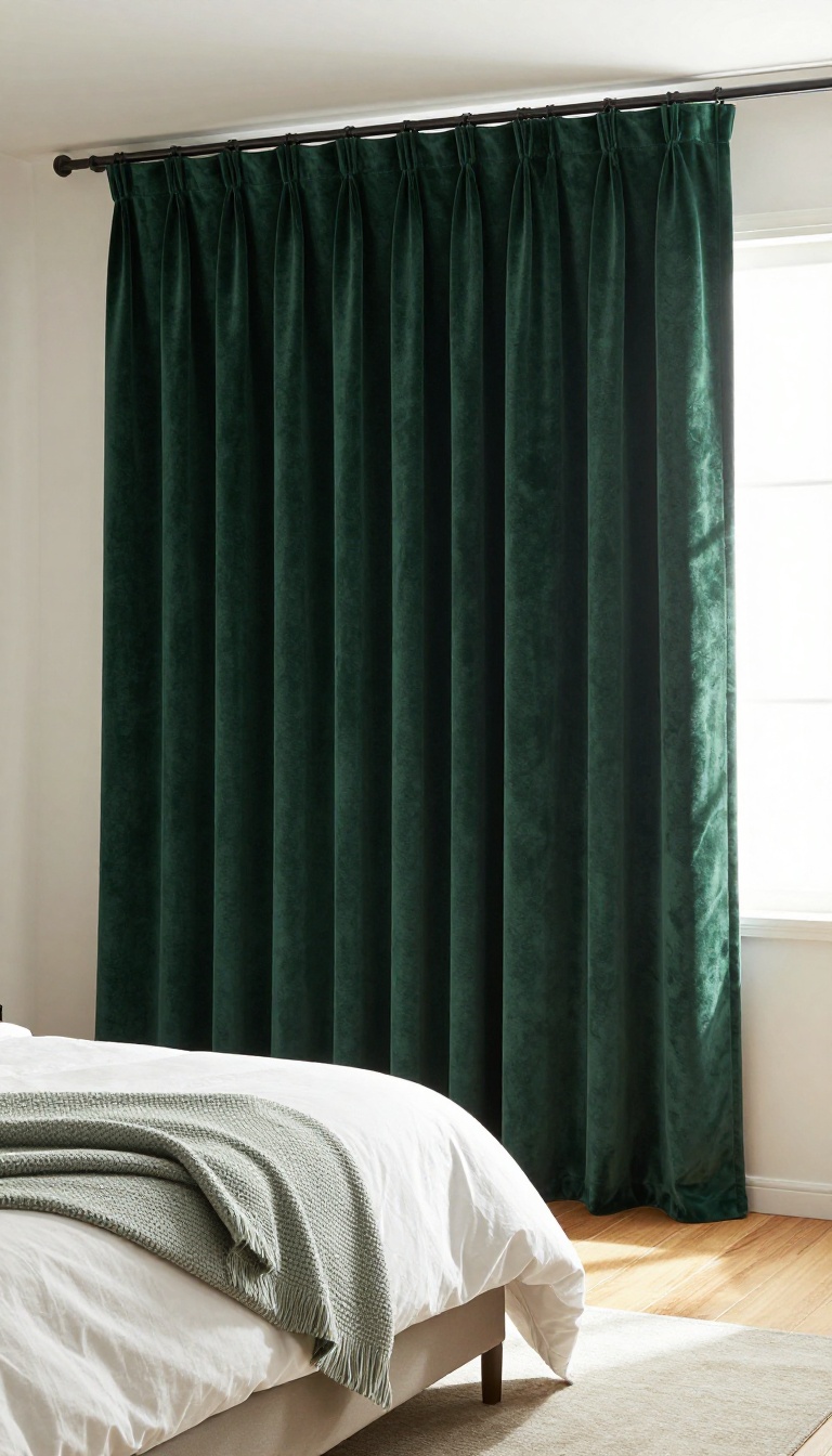 Luxurious emerald velvet blackout curtains hanging from a ceiling track in a bright, calm bedroom with white bedding